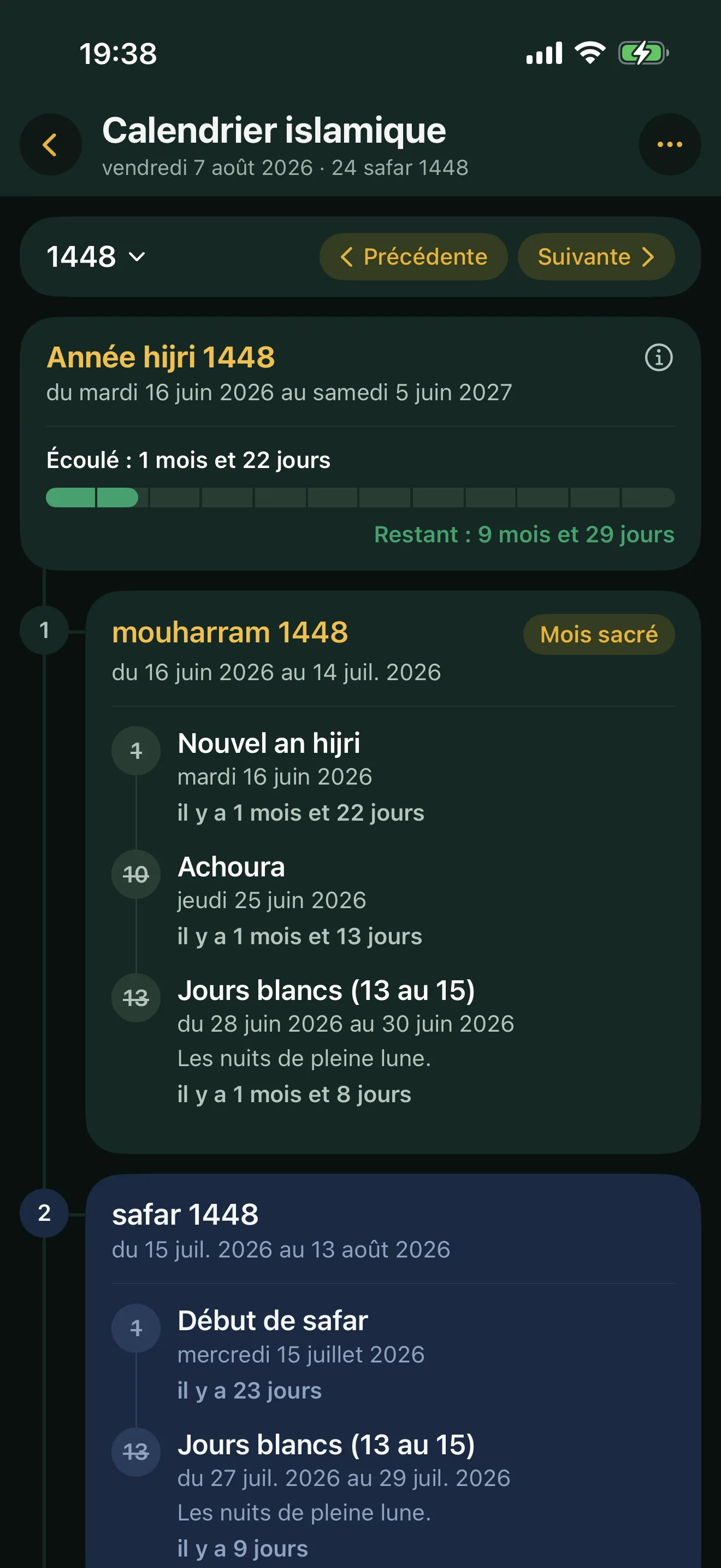 Le calendrier islamique d'Alyacir : le sélecteur d'année hijri, la progression de l'année en cours, puis les mois sur une frise, avec leurs dates grégoriennes, le badge Mois sacré et leurs occasions.