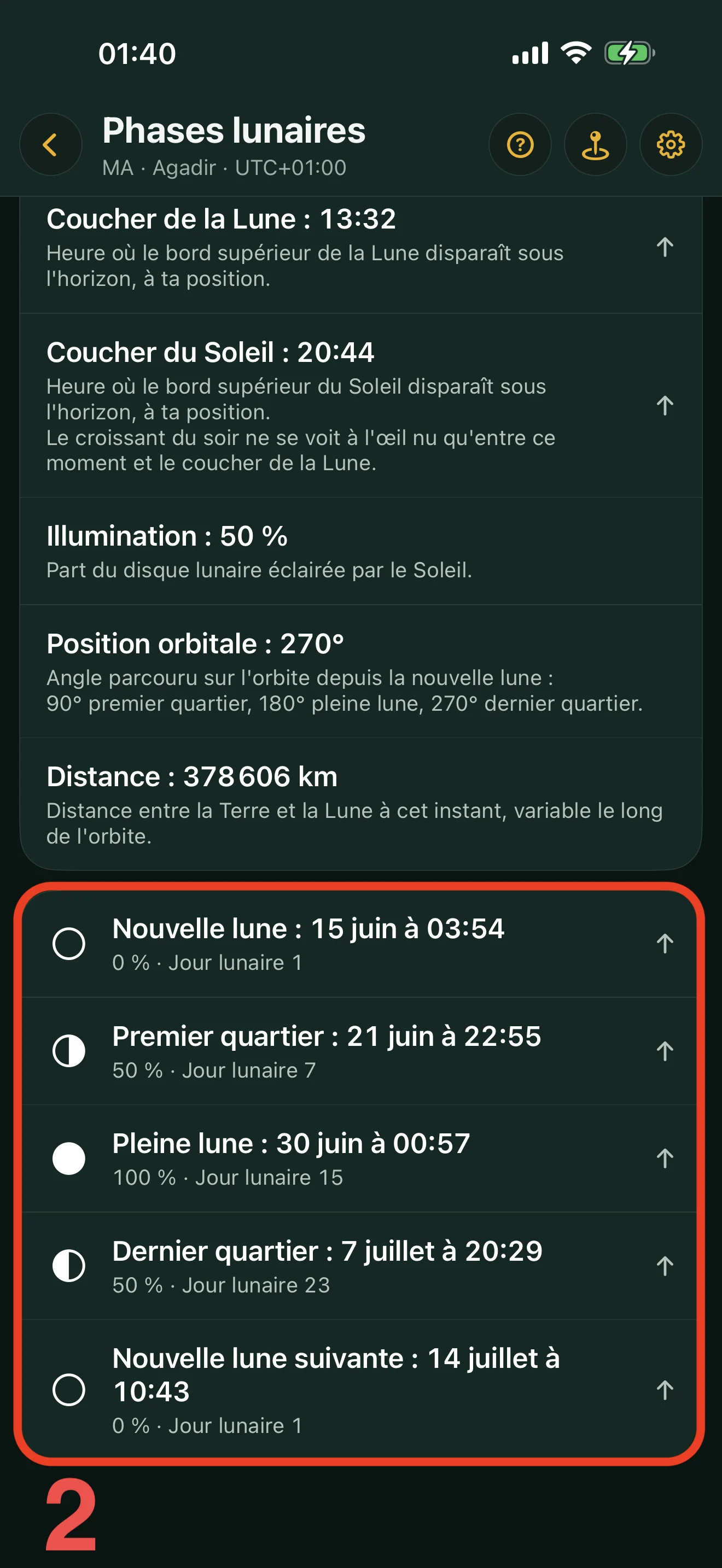 Écran des Phases lunaires d'Alyacir : l'illumination, la position orbitale, la distance Terre-Lune, et la grille des phases du cycle (nouvelle lune, quartiers, pleine lune).
