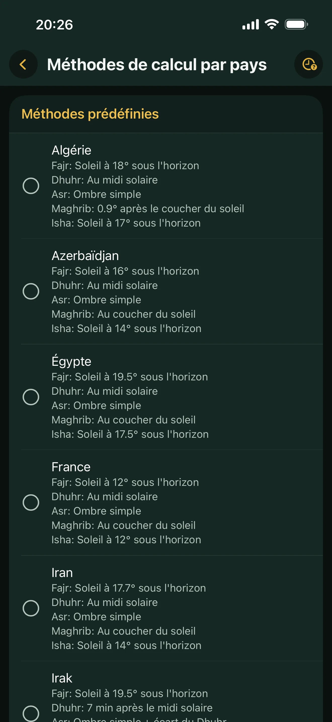 Les méthodes de calcul par pays dans Alyacir : chaque pays avec les cinq réglages qu'il applique, l'angle du Fajr, la méthode du Dhuhr, de l'Asr, du Maghrib et de l'Isha.