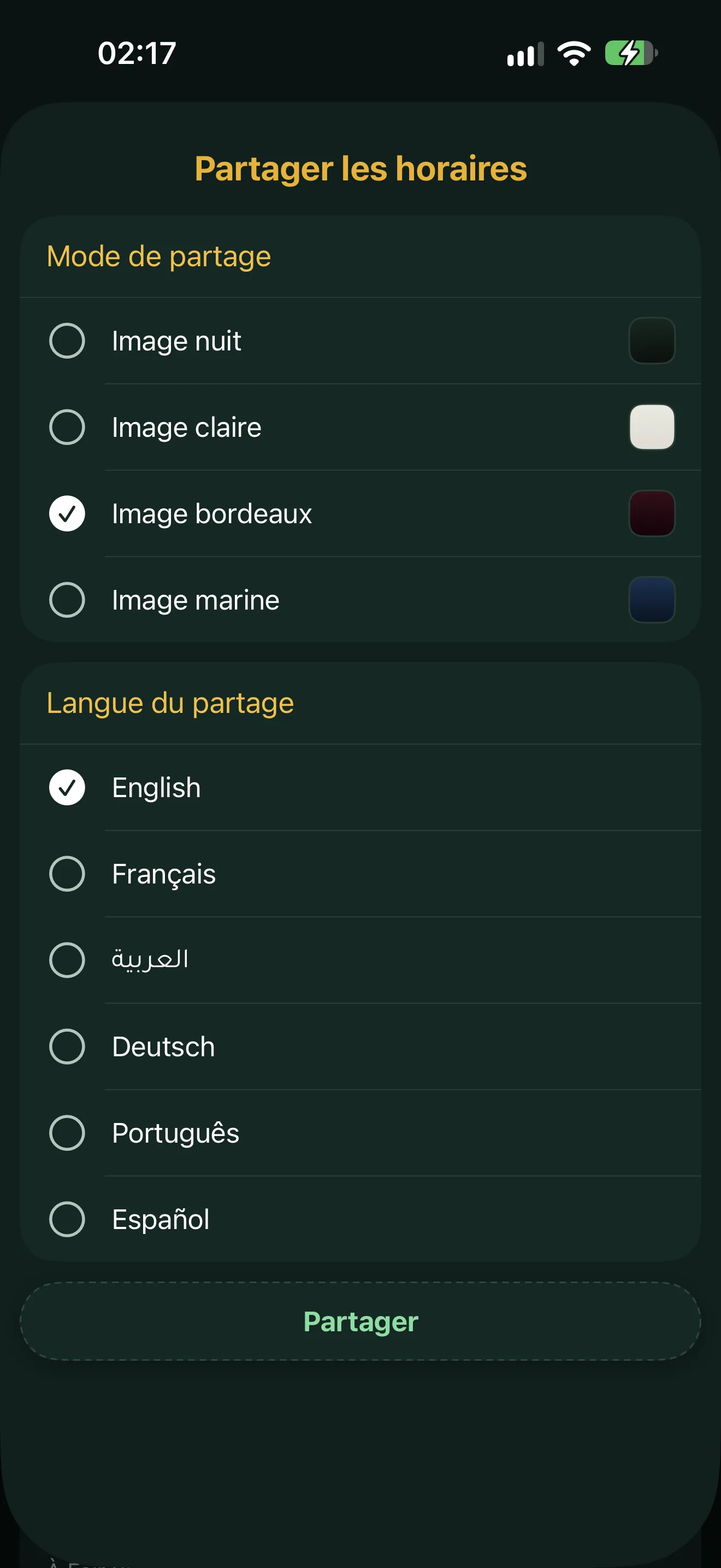 La feuille « Partager les horaires » d'Alyacir : le mode de partage (image nuit, claire, bordeaux ou marine), la langue du partage et le bouton Partager.