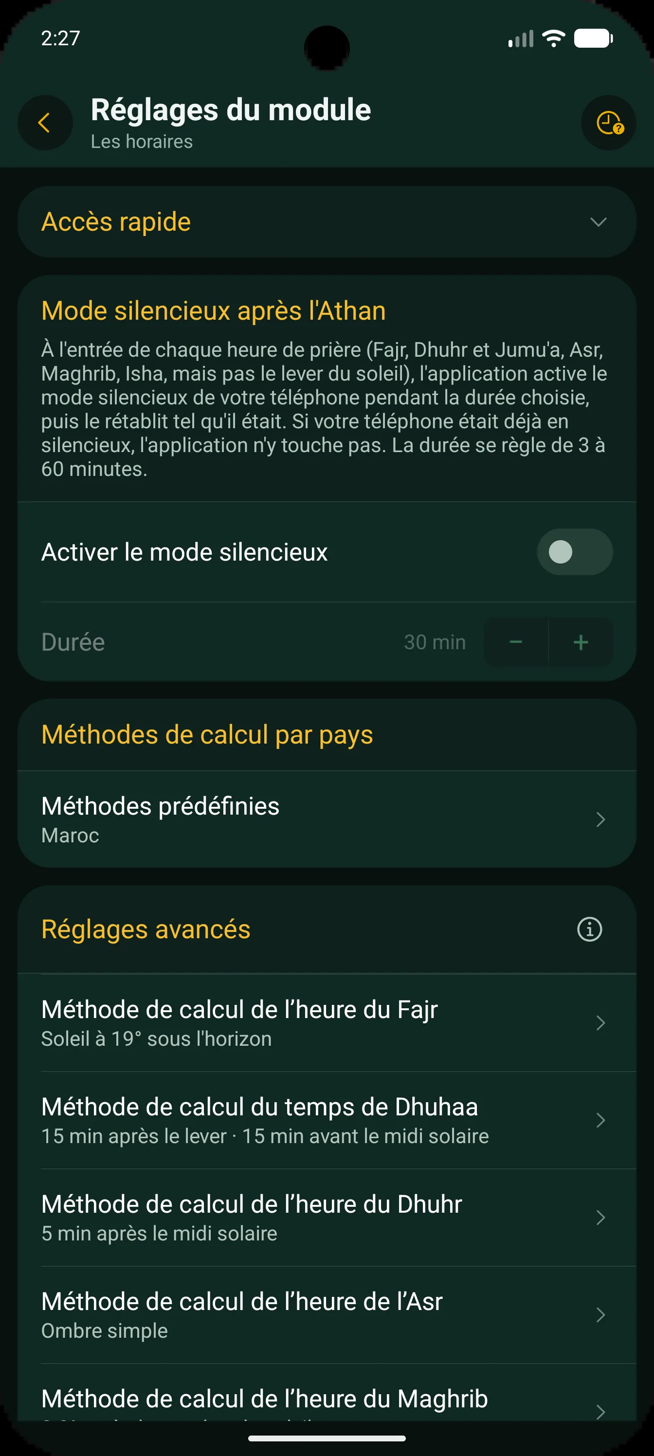 Les réglages du module Horaires de prière sur Android : la carte « Mode silencieux après l'Athan » avec son interrupteur et sa durée, puis les méthodes de calcul par pays et les réglages avancés.