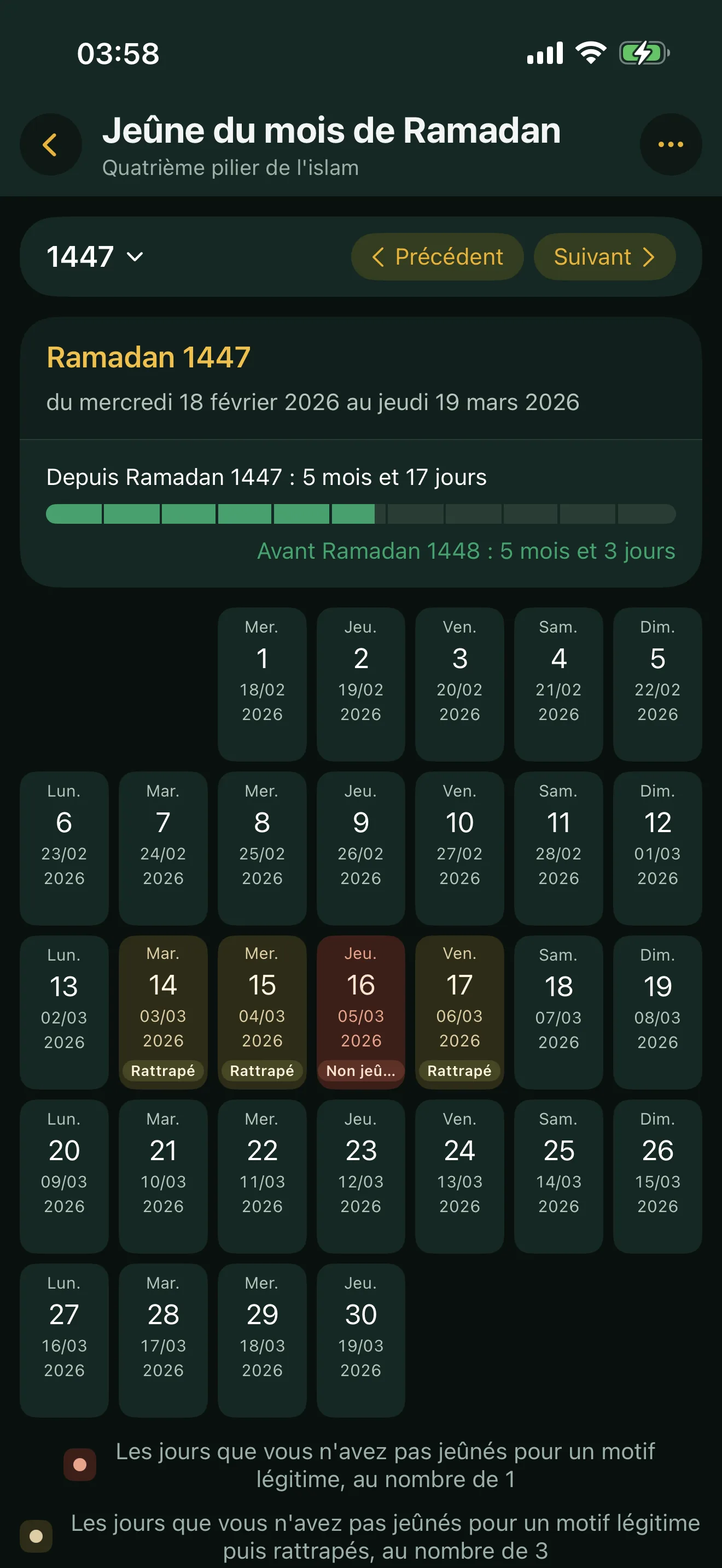 Le module Ramadan d'Alyacir : le sélecteur d'année hijri, la carte « Ramadan 1447 » avec ses dates et sa progression, puis le calendrier du mois avec les jours marqués Non jeûné ou Rattrapé et la légende.