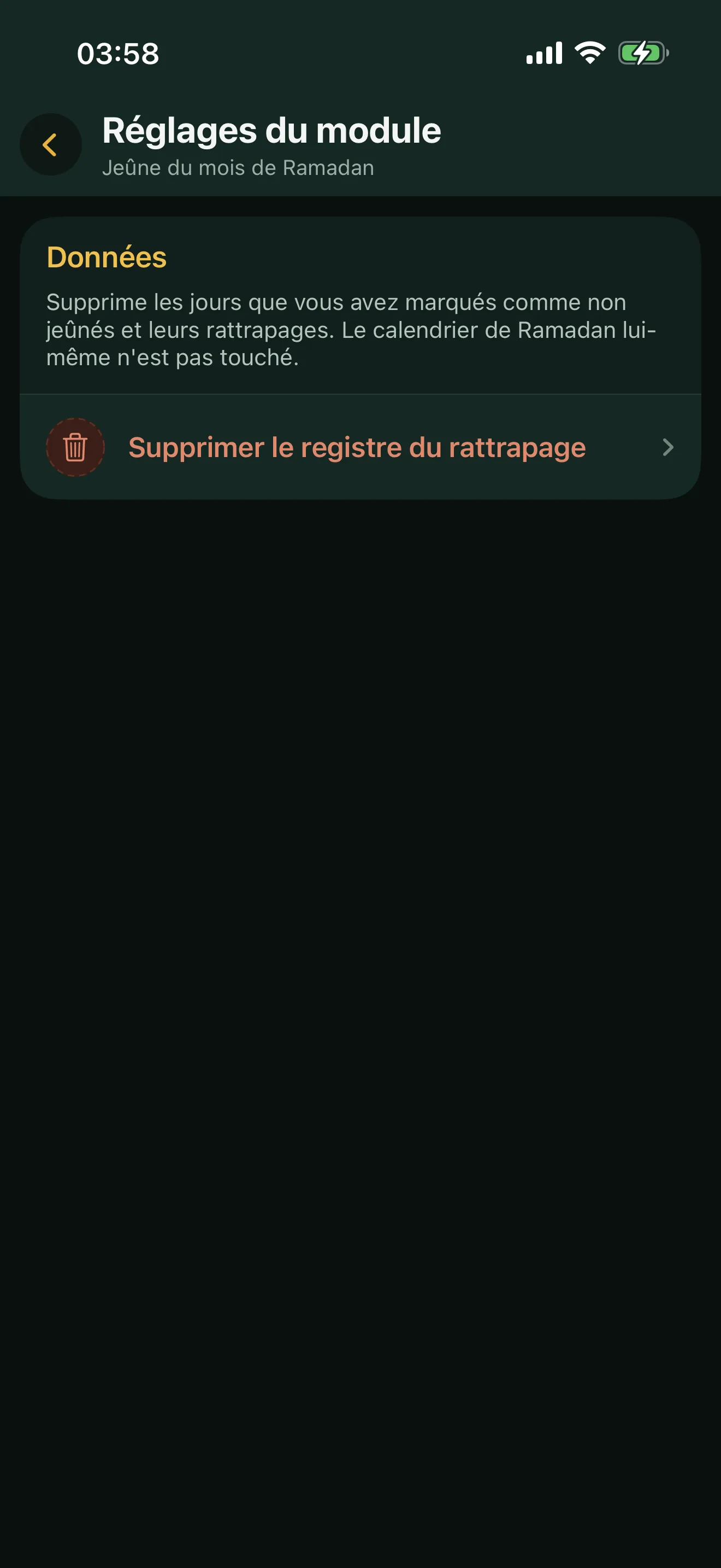 Les réglages du module Ramadan dans Alyacir : la section Données et le bouton Supprimer le registre du rattrapage.