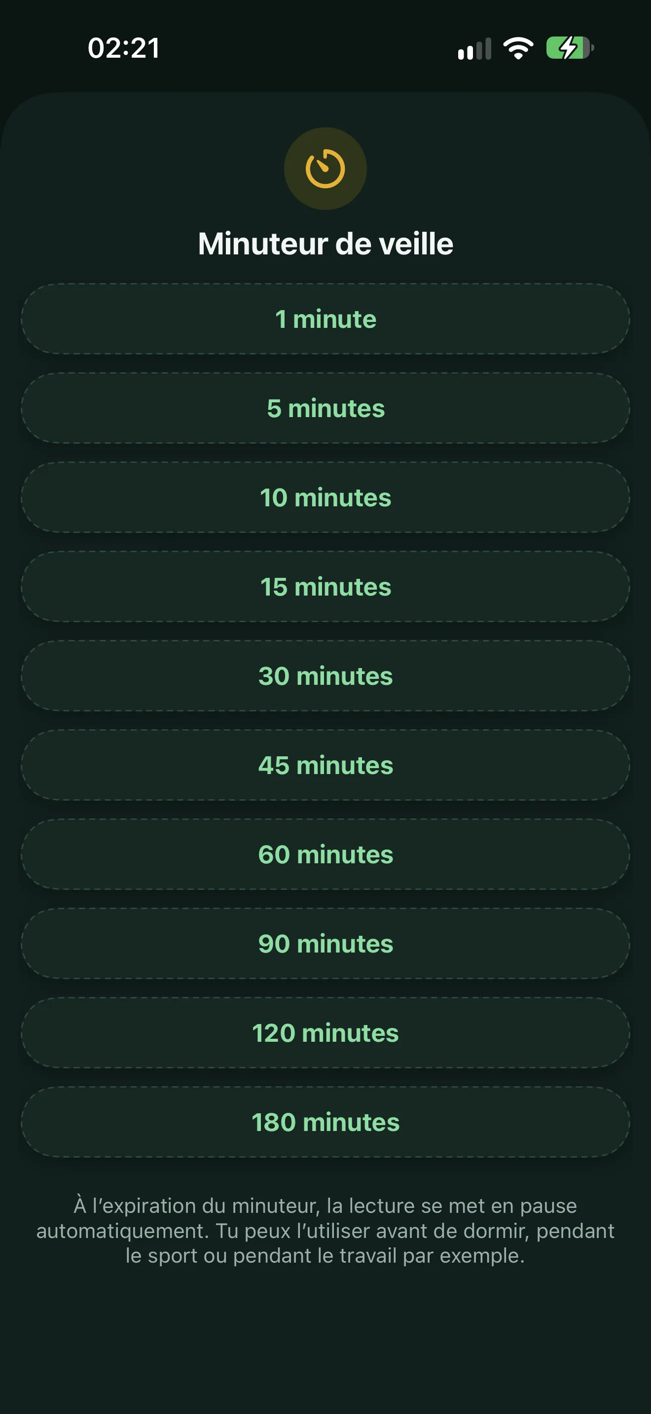 Minuteur de veille d'Alyacir : la liste des durées (1 à 180 minutes), avec la durée active en rouge et son décompte en cours.