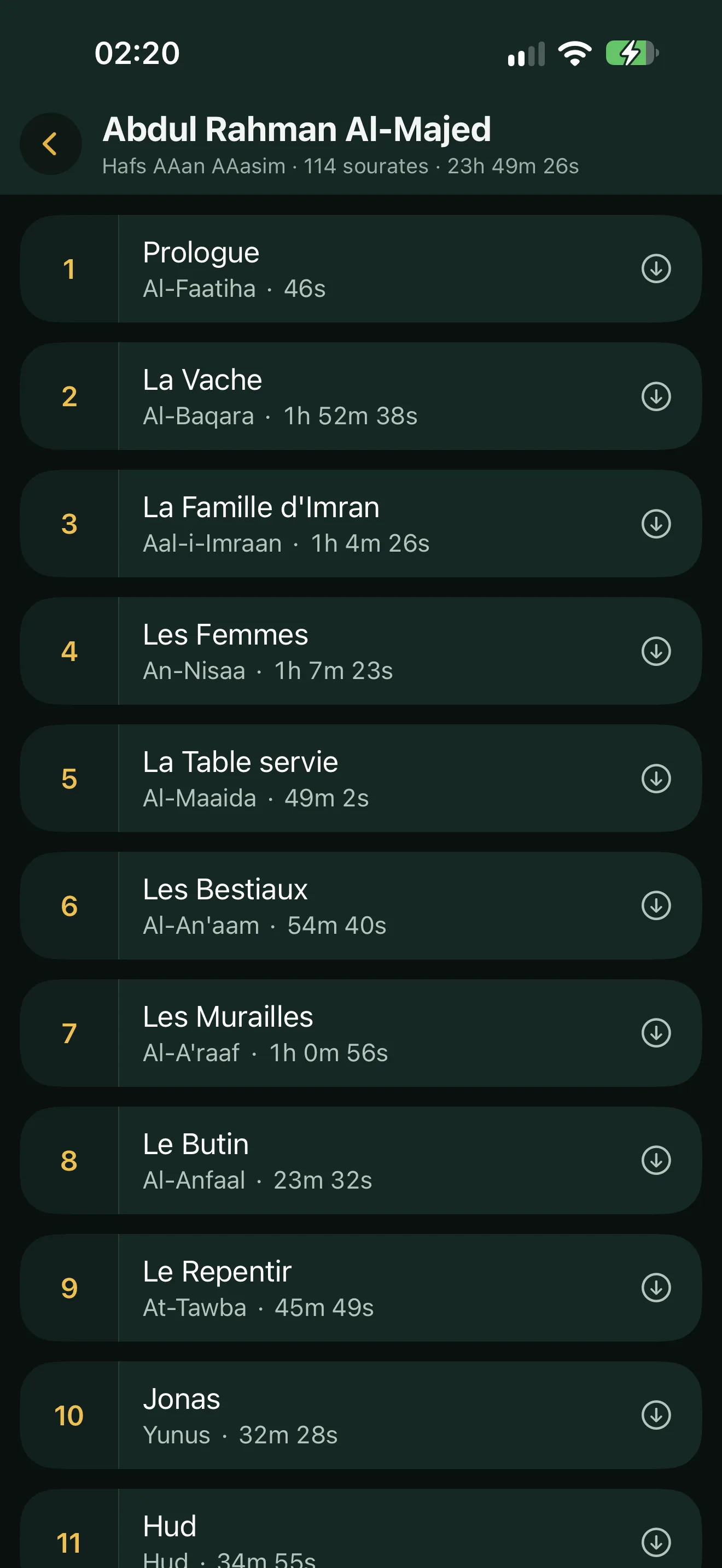 Liste des sourates d'un récitateur dans Alyacir : le numéro, le nom traduit et arabe, la durée de chaque sourate, et les boutons de téléchargement dont un en cours.