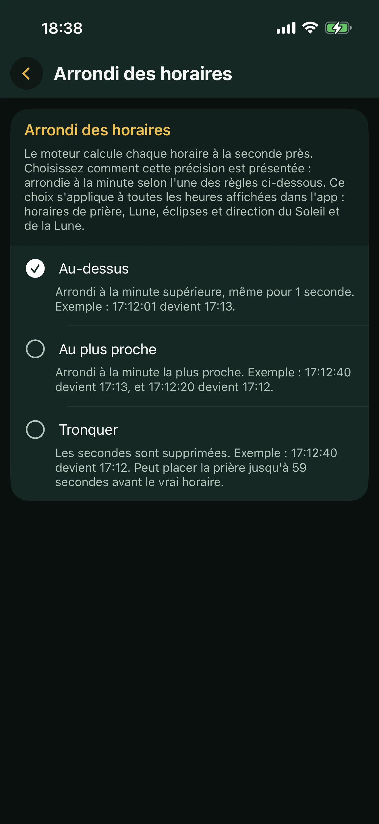 L'arrondi des horaires dans Alyacir : les modes Au-dessus, Au plus proche et Tronquer, chacun avec son exemple à la seconde.