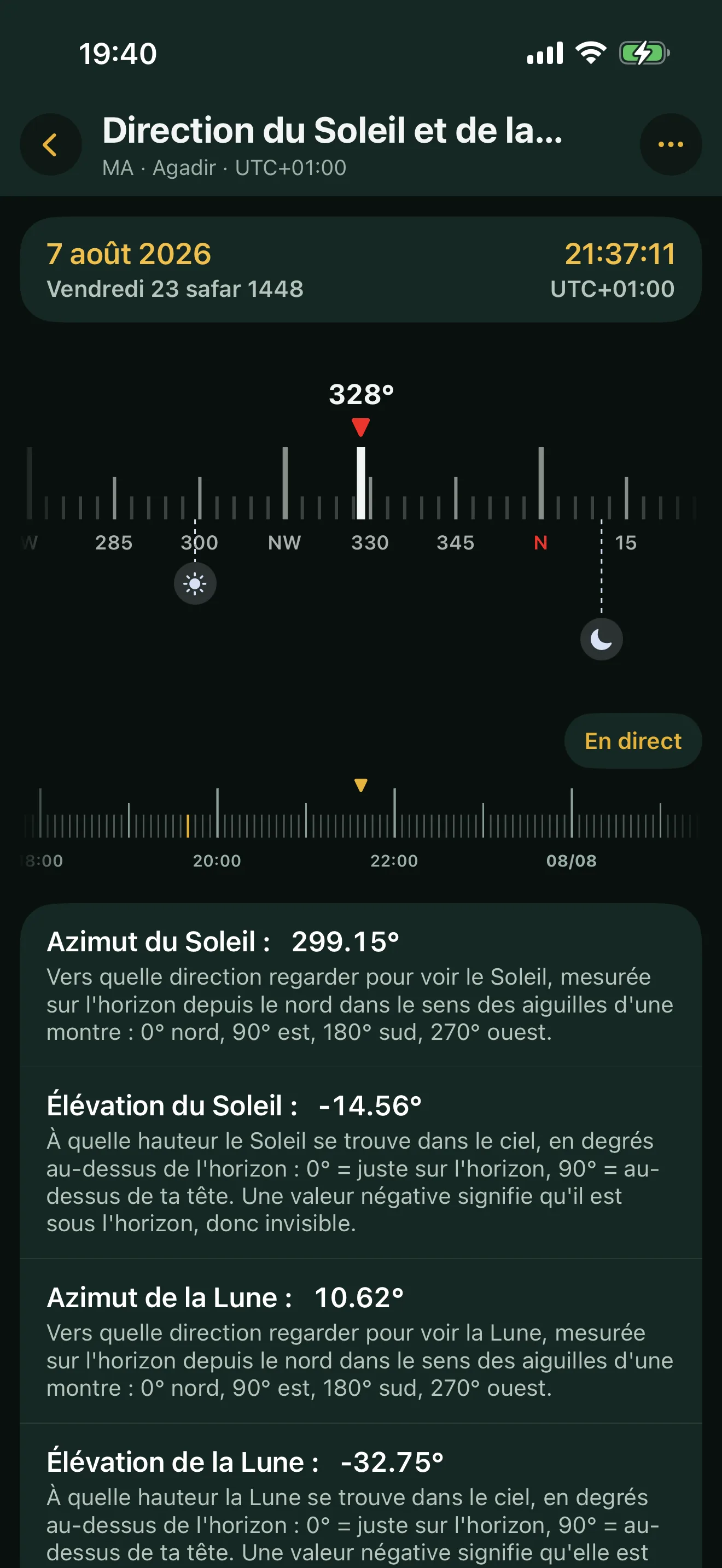 Le module Direction du Soleil et de la Lune d'Alyacir : la règle graduée avec le cap visé, les repères du Soleil et de la Lune reliés à leur azimut, le ruban du temps, puis l'azimut et l'élévation de chaque astre.